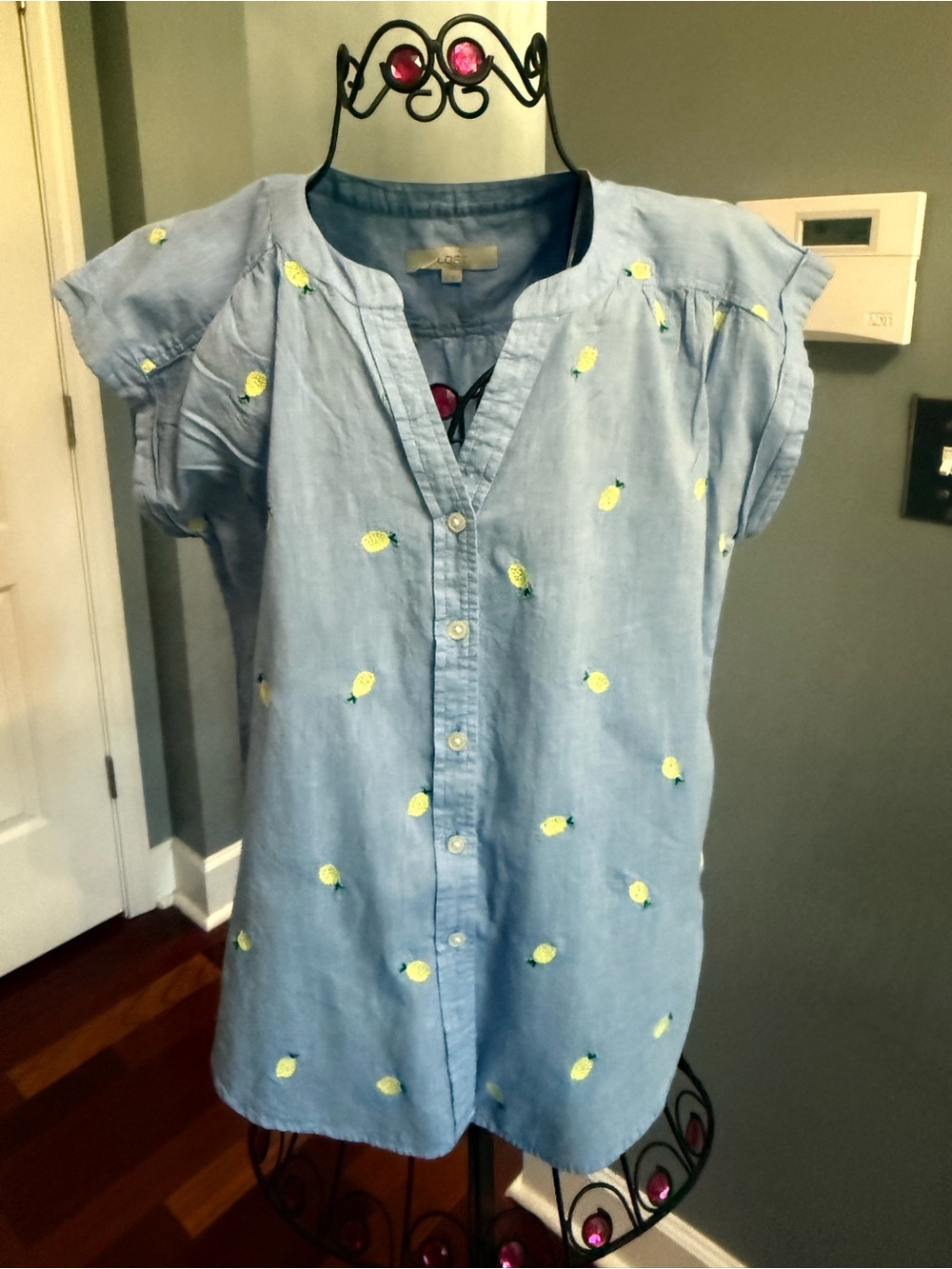 LOFT Blue Button-Front Tunic with Yellow Lemon Embroidery